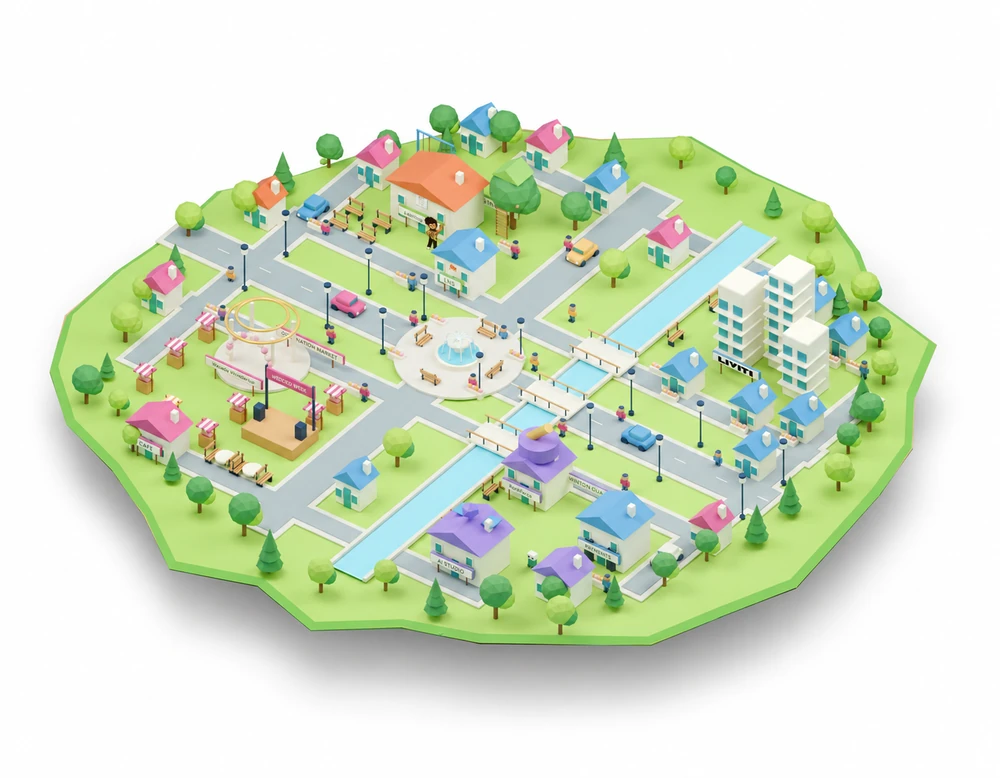 A miniature career town with a learning village, property district, wedding marketplace and invention quarter